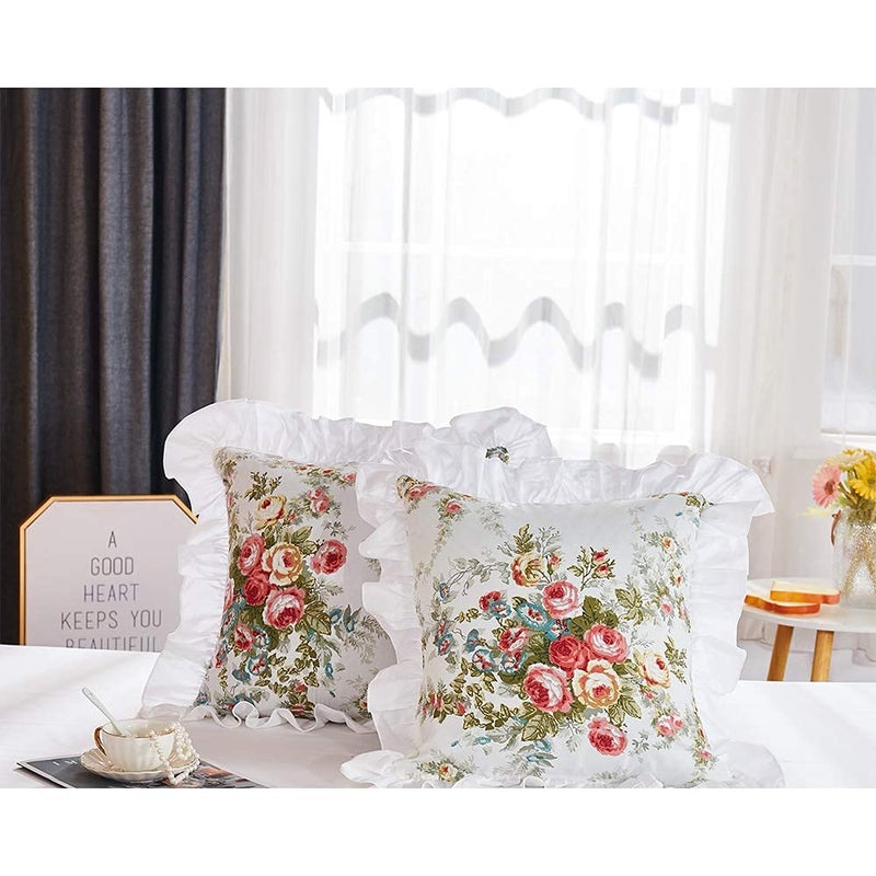 FADFAY Rose Floral Throw Pillow Covers 18x18 Set of 2 Flowers Pillow Cushion Cases Cotton Cushion Covers White Ruffle Decorative Throw Square Pillowcases for Sofa Couch Bedroom Living Room Car - Image 2